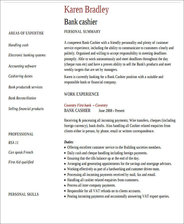 bank job resume format
