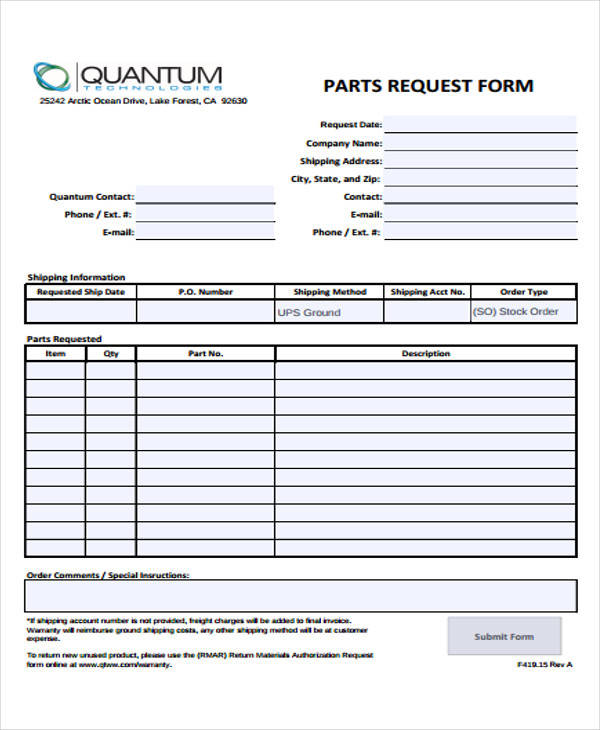 basic parts requisition form
