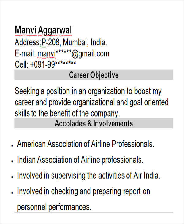 best air hostess fresher resume