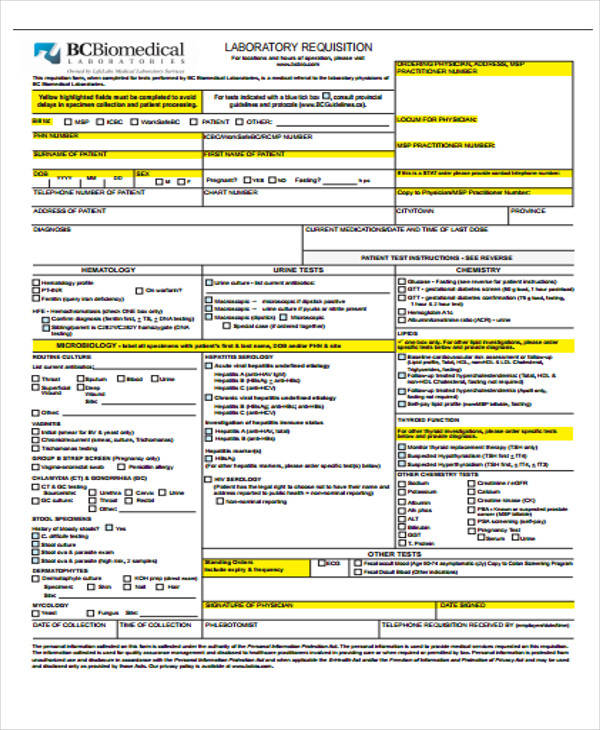 Printable Lab Requisition Form Printable Forms Free Online