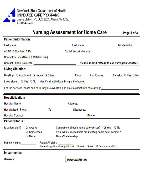 blank nursing homecare assessment form