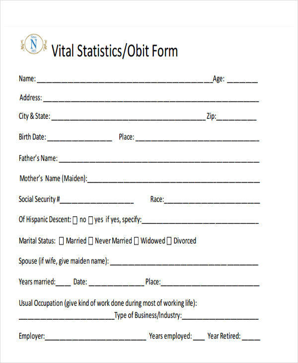 blank obituary service form