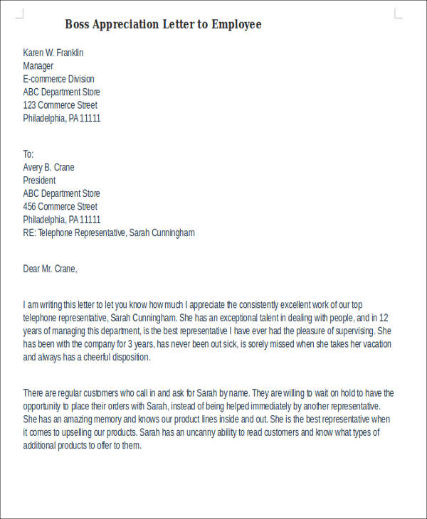 boss appreciation letter to employee