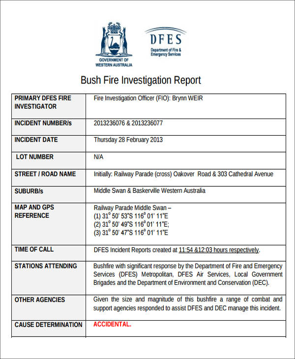 bush fire incident investigation report