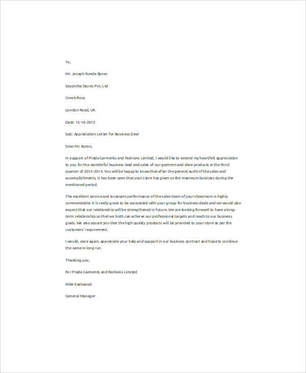 business appreciation letter sample