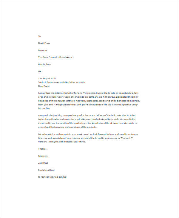 business appreciation letter to vendor