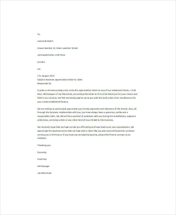 business client appreciation letter