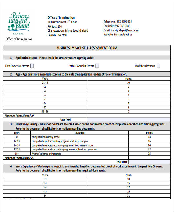 business impact self assessment form