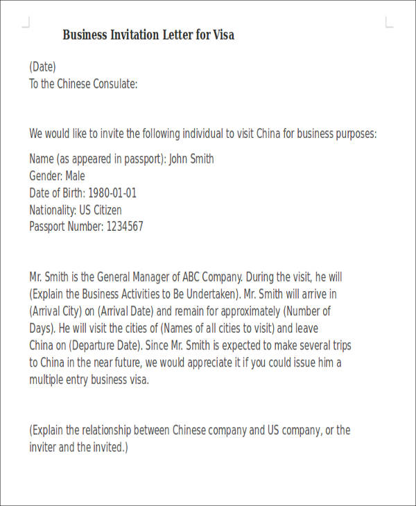 business invitation letter for visa