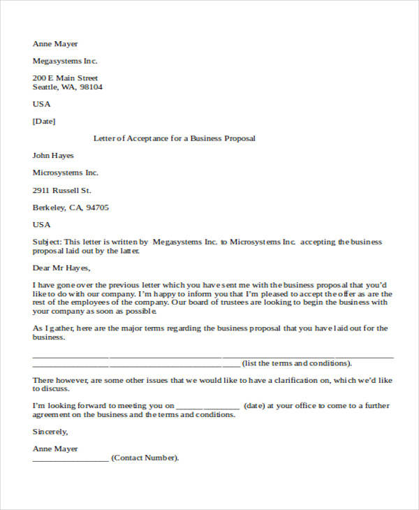business proposal acceptance letter from client