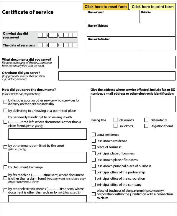 certificate of service electronic form