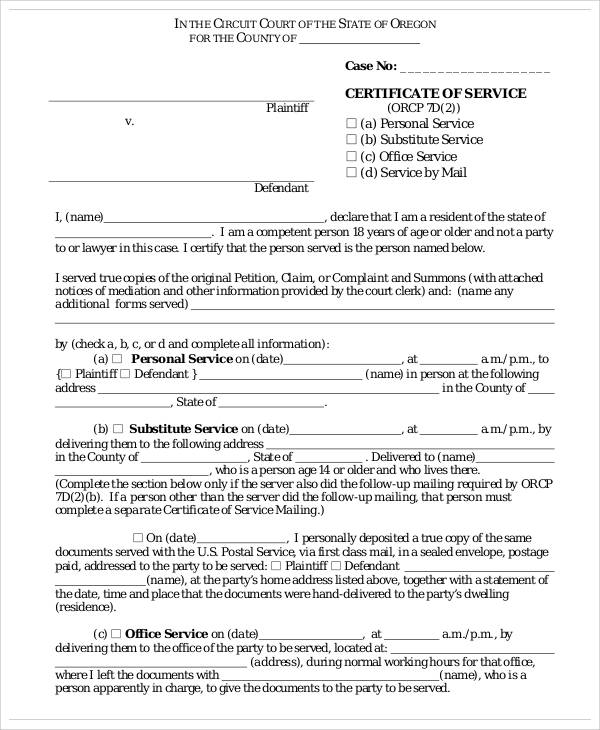 certificate of service personal form