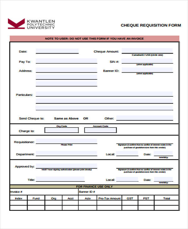 cheque requisition form sample