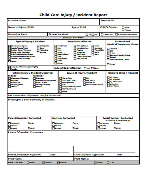 child care injury incident report