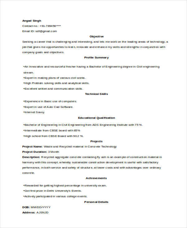 civil engineer fresher resume format