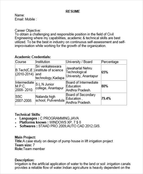 civil engineer fresher resume