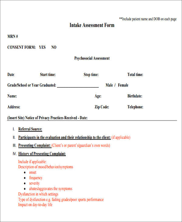 clinical intake assessment form
