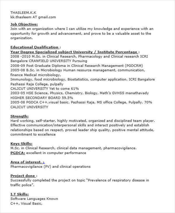 clinical research fresher resume