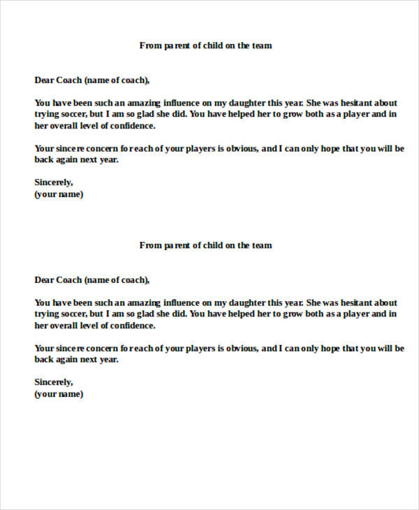coach to parent thank you letter
