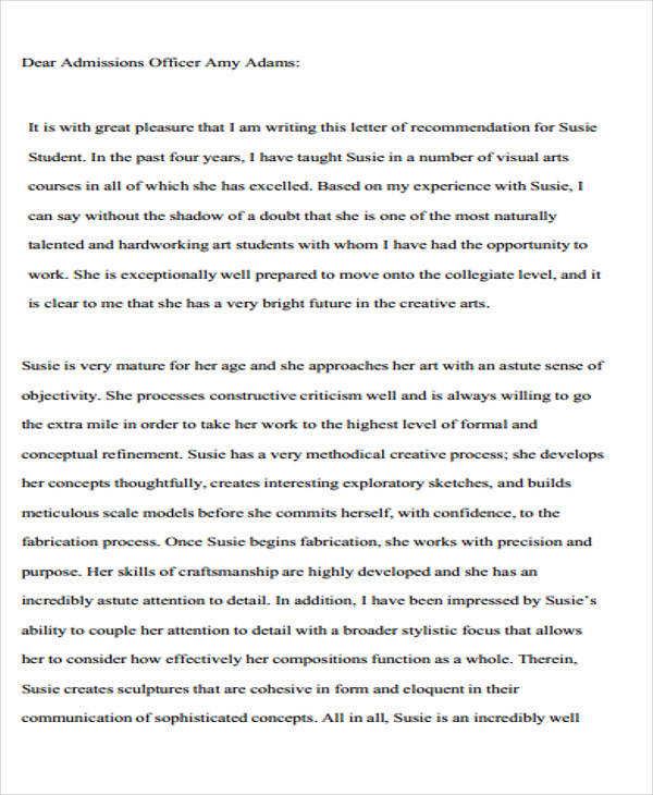 college admission recommendation letter