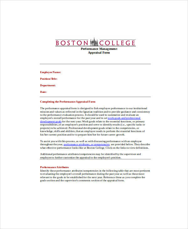 college performance appraisal form