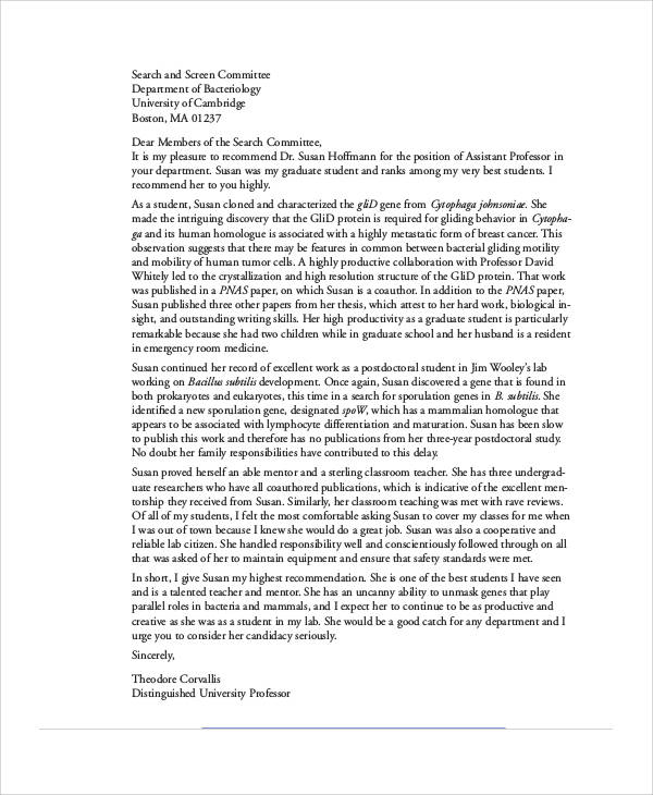 college professor recommendation letter