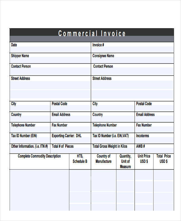 commercial invoice in pdf