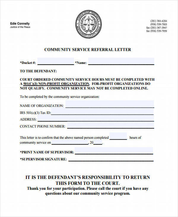 community service referral letter