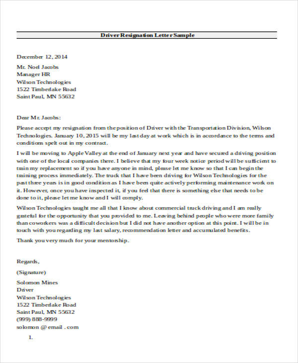 company driver resignation letter