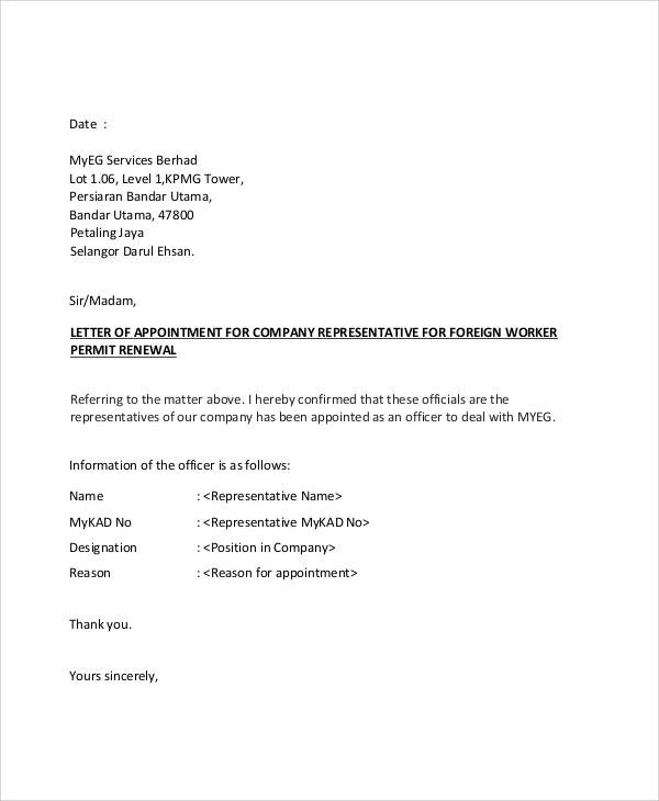 company representative appointment letter