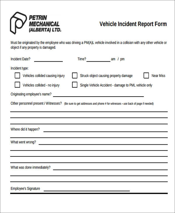 company vehicle incident report form
