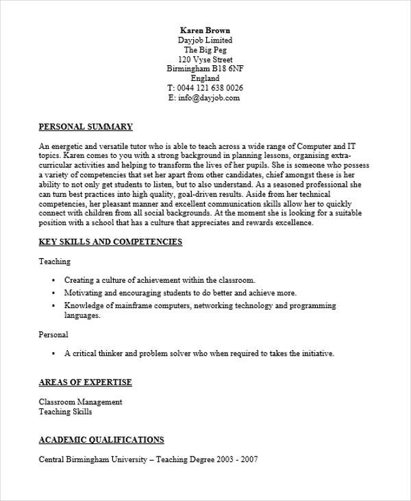 computer teacher fresher resume