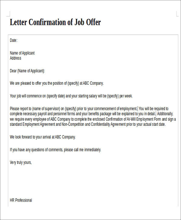 conformation letter for job offer