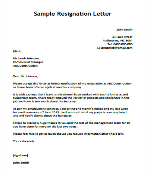 construction company resignation letter