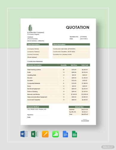 construction material quotation template