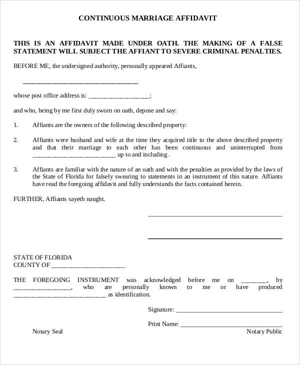 continuous marriage affidavit form