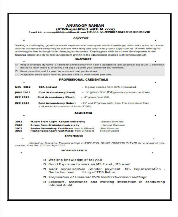 cost accountant resume pdf