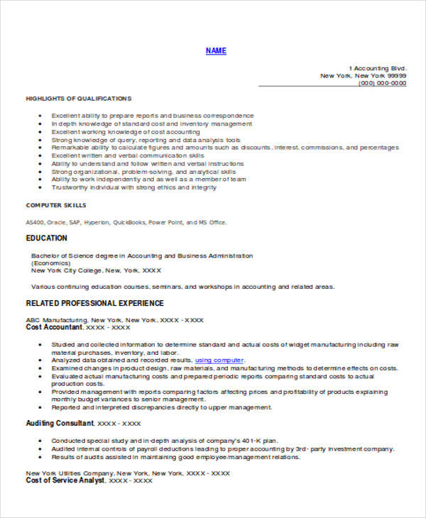 cost accountant resume sample