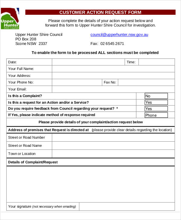customer action request form