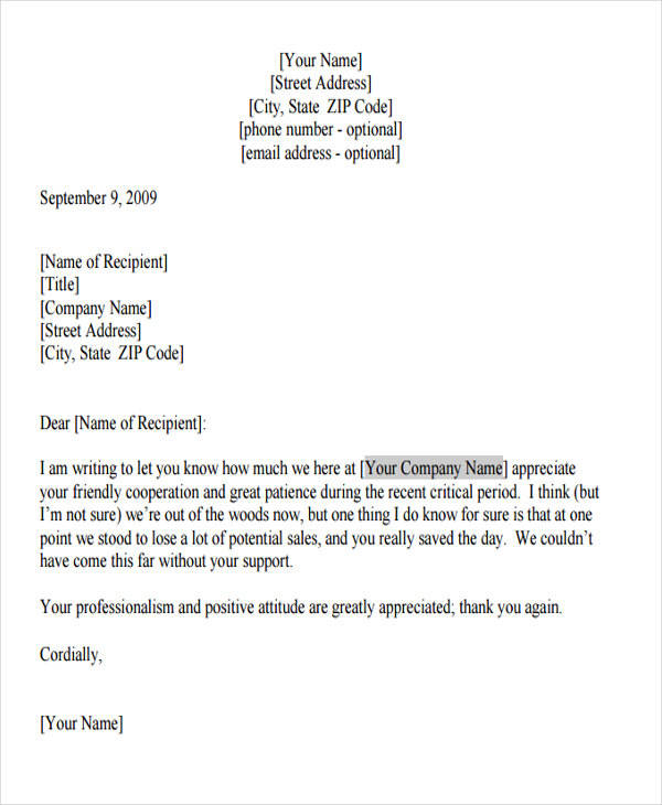 customer appreciation letter to vendor