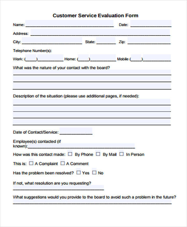 customer service evaluation form format