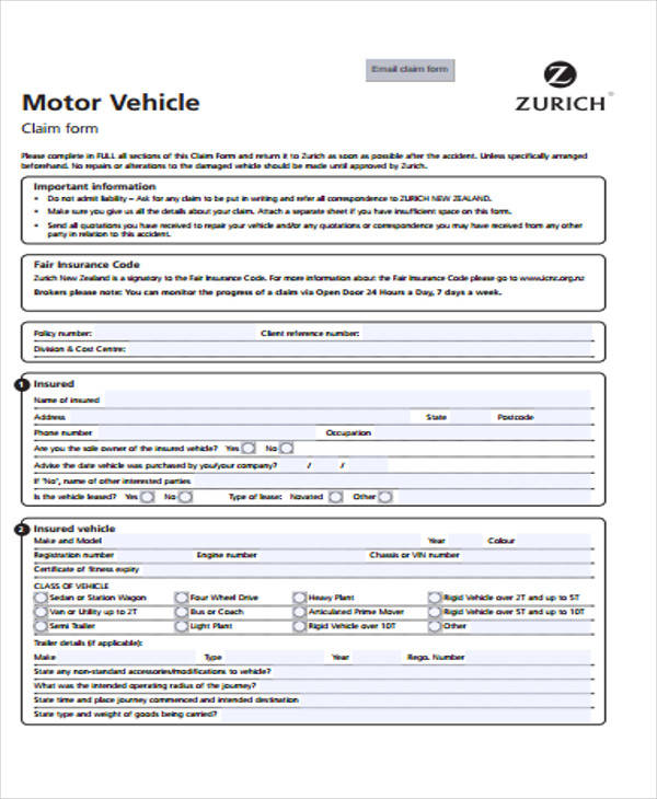 Zurich Insurance Motor Claim Form