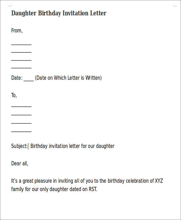 daughter birthday invitation letter