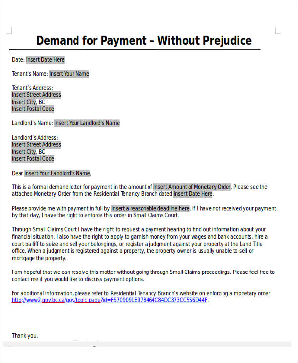 demand for payment letter