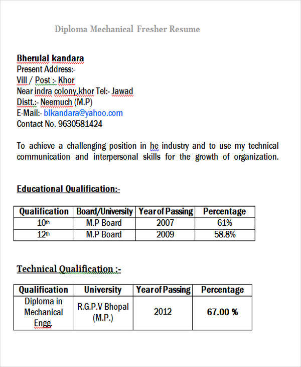 resume format for freshers diploma in mechanical engineering