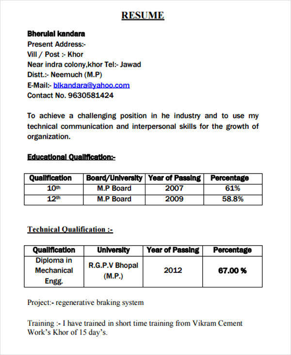 resume format for job diploma students