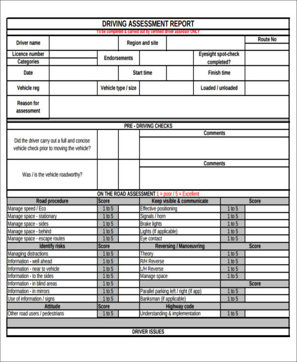 driver assessment report form