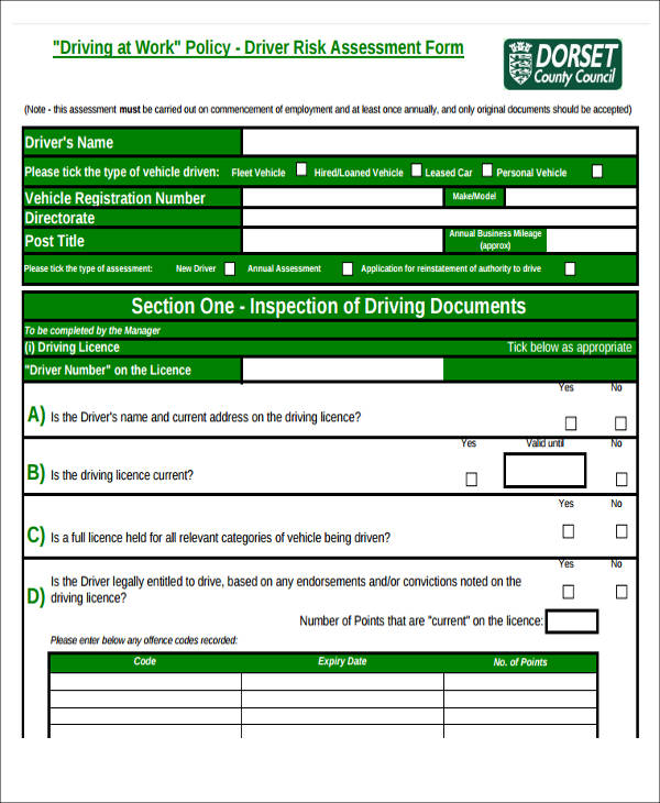 driver risk assessment form