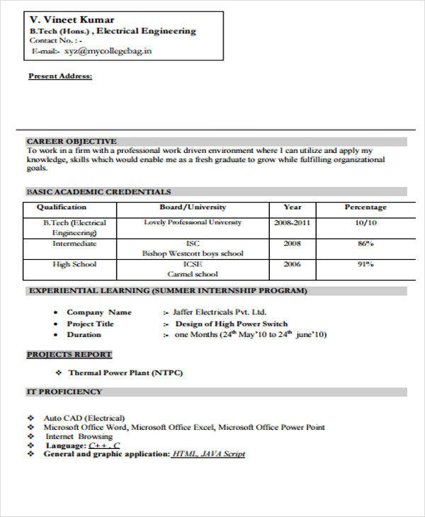 Resume For Iti Electrician