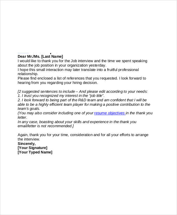 email thank you letter after interview